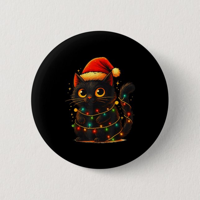Badge Rond 5 Cm Cat Black Christmas Tree Lights Funny Santa Kitten (Devant)