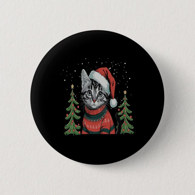 Badge Rond 5 Cm Cat Christmas Light Reindeer Père Noël Christmas (Devant)