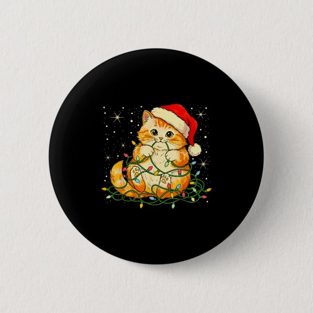 Badge Rond 5 Cm Cat Christmas Lights Santa Hat Xmas Cats Lover Pet (Devant)