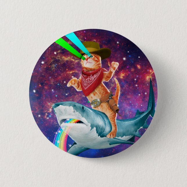 Badge Rond 5 Cm Cat Cowboy riding a Shark spewing a Rainbow (Devant)