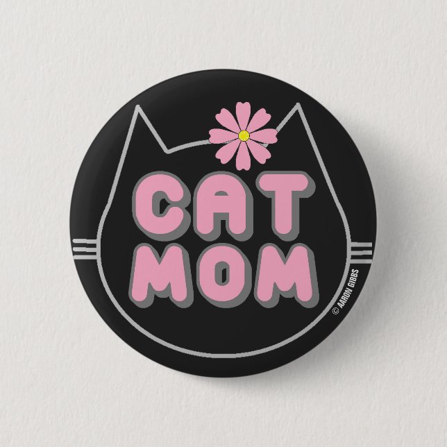 Badge Rond 5 Cm CAT MOM avec bouton Fleur rose (Devant)