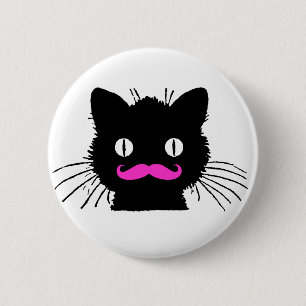 BADGE ROND 5 CM CAT NOIR DE MOUSTACHE ROSE DRÔLE