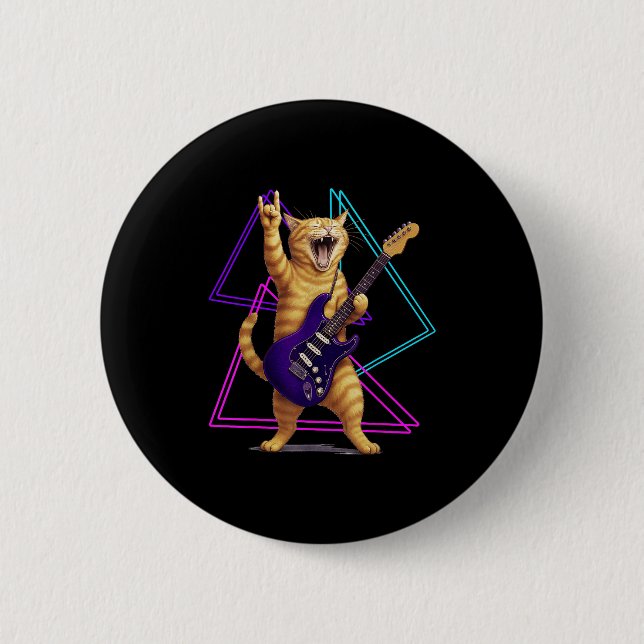 Badge Rond 5 Cm Cat Playing Guitar Rock Star Rock And Roll Men Wom (Devant)