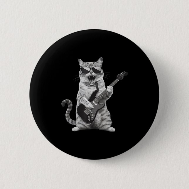 Badge Rond 5 Cm Cat Playing Guitar Rock Star Rock And Roll Men Wom (Devant)