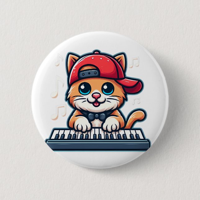 Badge Rond 5 Cm Cat Playing Piano Design for Music and Cat Lovers  (Devant)