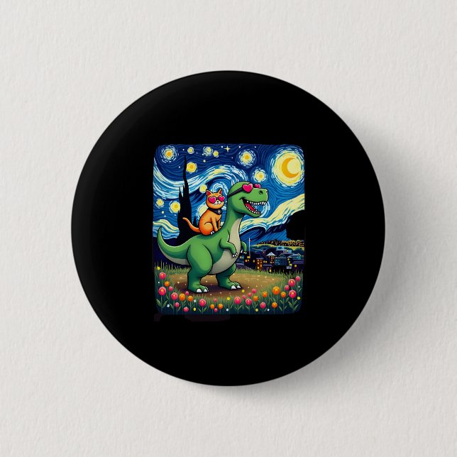 Badge Rond 5 Cm Cat Riding Dinosaur T-Rex Starry Night Cat Lover ( (Devant)