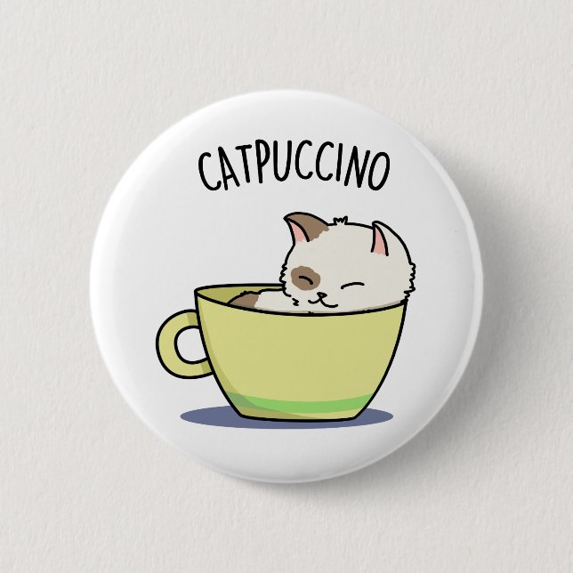 Badge Rond 5 Cm Catpuccino Funny Kitty Chat En Pun De Coupe (Devant)