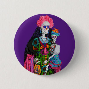 Badge Rond 5 Cm Catrina and Child Day of the Dead Sugar Skull