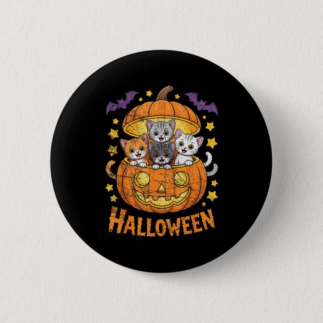 Badge Rond 5 Cm Cats In Pumpkin Cute Halloween Kitties Funny  (Devant)