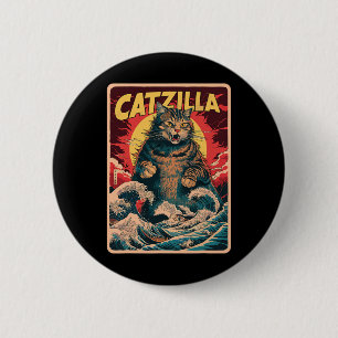 Badge Rond 5 Cm Catzilla Art Japonais Chat Drôle Graphique Vintage