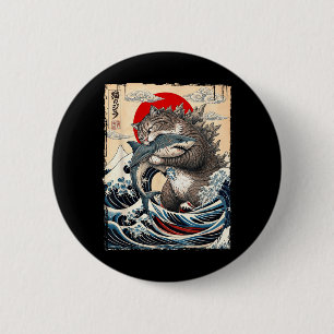 Badge Rond 5 Cm Catzilla contre Meg Art de la Grande Vague japonai