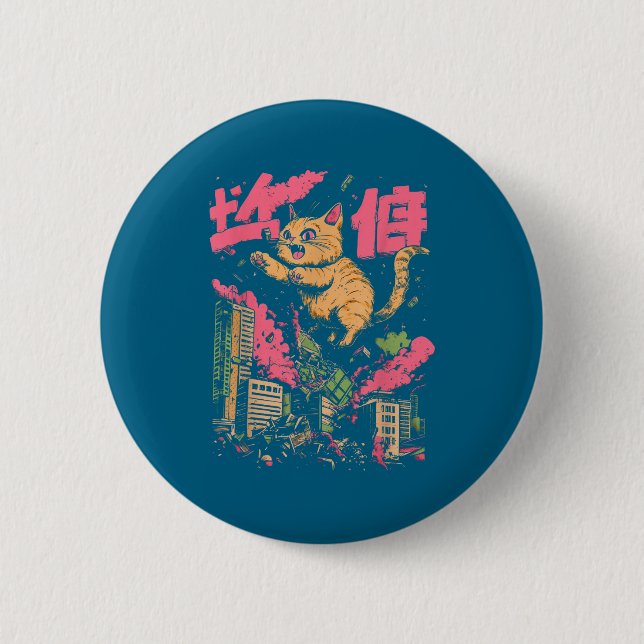 Badge Rond 5 Cm Catzilla Funny Giant Cat Monster Kaiju Japanese Ka (Devant)