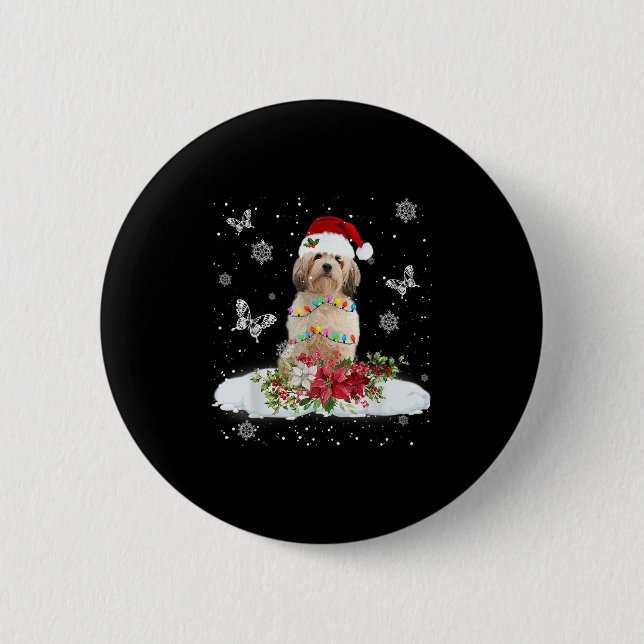 Badge Rond 5 Cm Cavachon Neige Arbre de Noël Lumières Pyjama Chien (Devant)