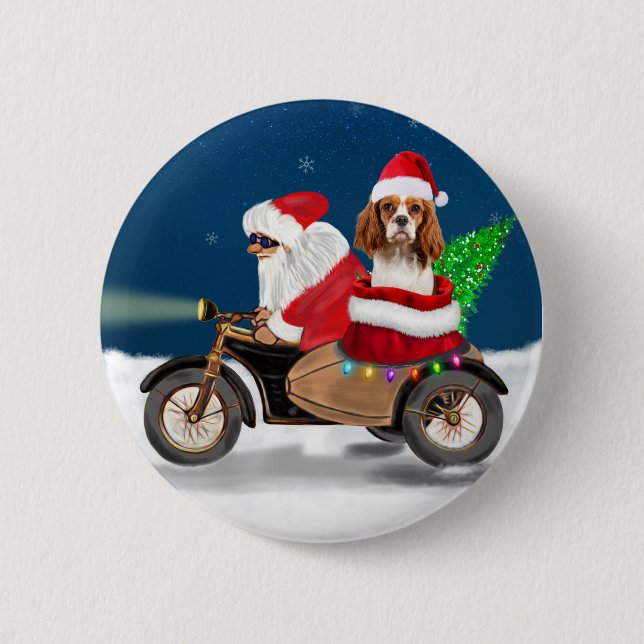 Badge Rond 5 Cm Cavalier King Chien Noël Père Noël (Devant)