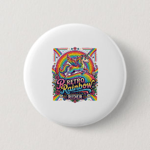 Badge Rond 5 Cm Cavalier Licorne Arc-en-Ciel Rétro