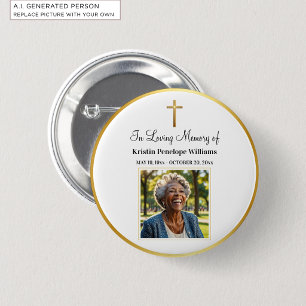 Badge Rond 5 Cm Célébration De Vie Croix Dorée Photo Funérailles