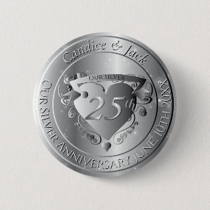 Badge Rond 5 Cm Célébration des 25 ans de mariage Cœur argenté