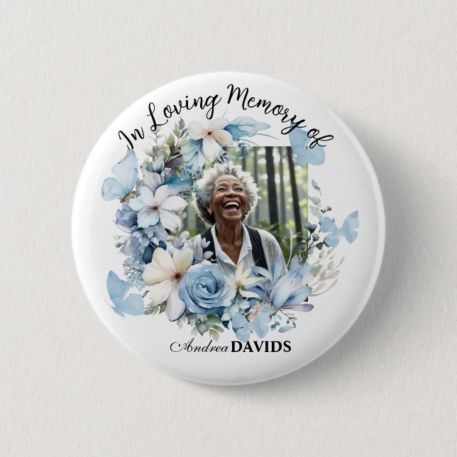 Badge Rond 5 Cm Celebration Of Life 1 Photo Garland Blue Floral  (Devant)