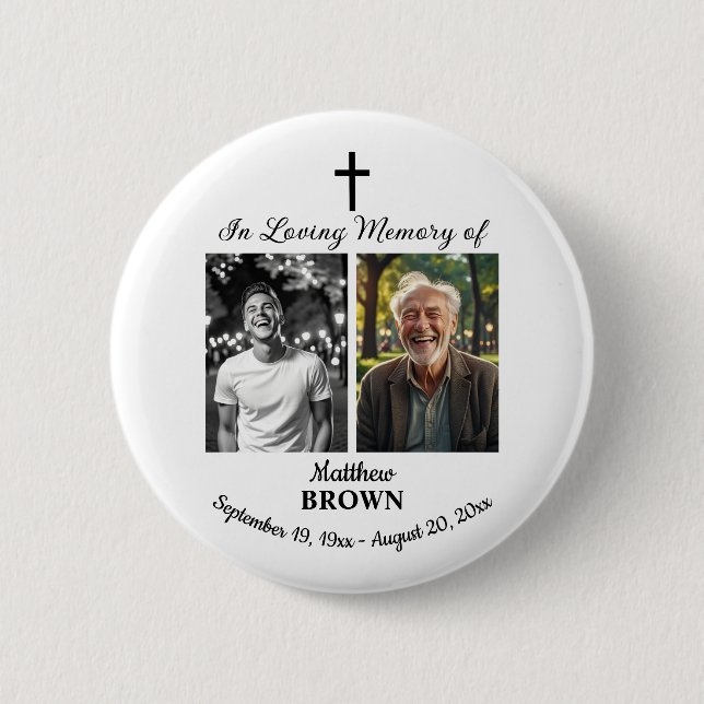 Badge Rond 5 Cm Celebration Of Life 2 Photos Funeral White (Devant)