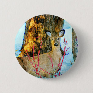 Badge Rond 5 Cm Cerf blanc en hiver Aquarelle de la faune de neige
