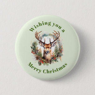 Badge Rond 5 Cm Cerf Brun avec Bois Noël Rustique de Noël