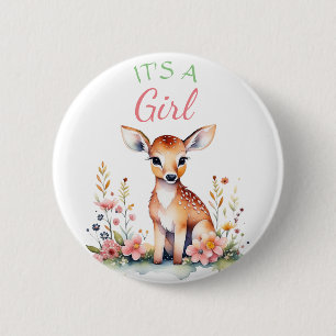 Badge Rond 5 Cm Cerf de bébé en fleurs   C'est un Baby shower de f