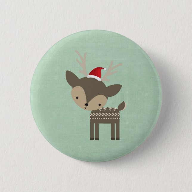 Badge Rond 5 Cm Cerf De Noël Dans Un Hipster Rétro Du Chapeau Roug (Devant)