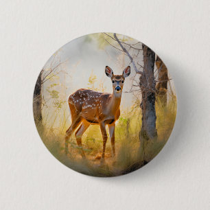 Badge Rond 5 Cm Cerfs Élégants dans la Forêt Dessin Naturel