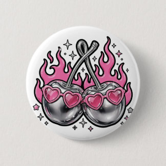 Badge Rond 5 Cm Cerises argentées en flammes - Cerise chromée en f