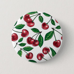 Badge Rond 5 Cm Cerises rouges sur blanc