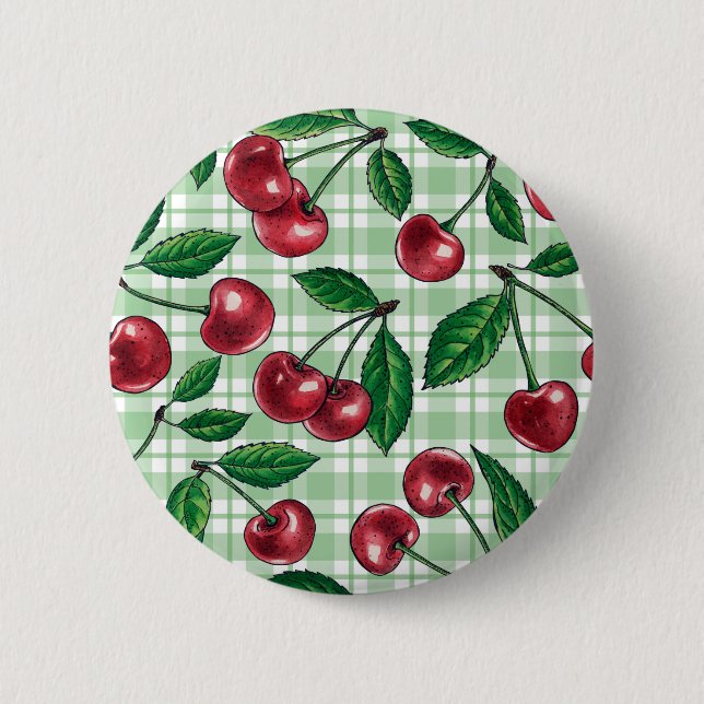 Badge Rond 5 Cm Cerises rouges sur en vichy vert clair (Devant)