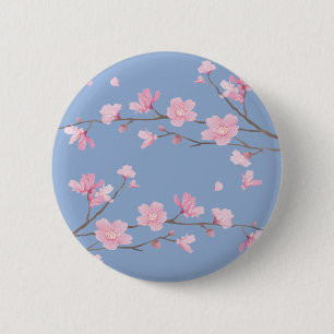 Badge Rond 5 Cm Cerisiers en fleurs - Bleu de sérénité