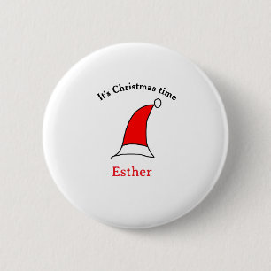 Badge Rond 5 Cm C'est Noël heure Père Noël rouge casquette nom sim