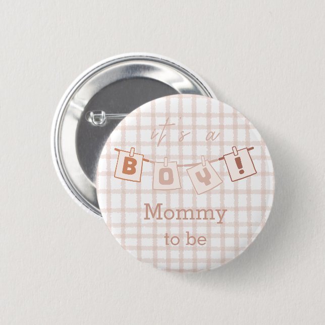 Badge Rond 5 Cm C'est un garçon ! Joli Gingham Marron Notedry Futu (Devant & derrière)