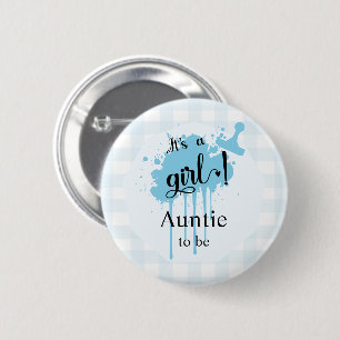 Badge Rond 5 Cm C'est une fille ! Gingham bleu pastel Future Tante