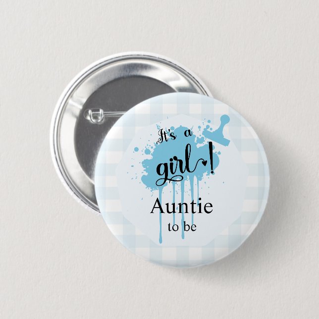 Badge Rond 5 Cm C'est une fille ! Gingham bleu pastel Future Tante (Devant & derrière)
