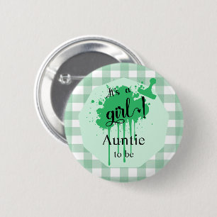 Badge Rond 5 Cm C'est une fille ! Gingham vert pastel Tante-à-veni