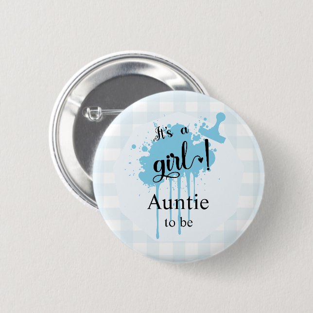 Badge Rond 5 Cm C'est une fille ! Pastel Blue En vichy Tante à êtr (Devant & derrière)