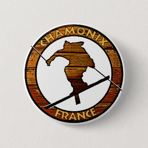 Badge Rond 5 Cm Chamonix France Skier rustique en bois