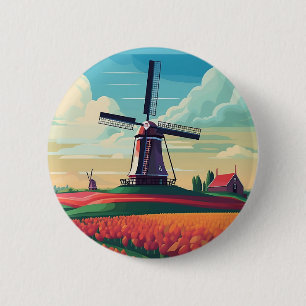 Badge Rond 5 Cm Champ de tulipes orange néerlandaises moulin à ven