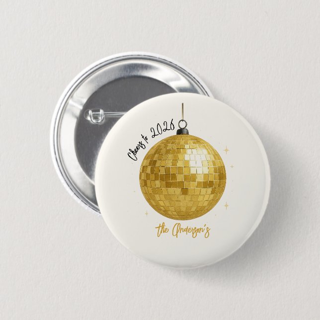 Badge Rond 5 Cm Champagne Disco Ball 2026 New Year Eve (Devant & derrière)