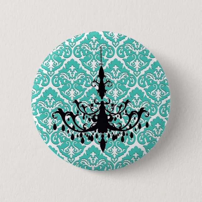 Badge Rond 5 Cm Chandelier turquoise Damas noir (Devant)