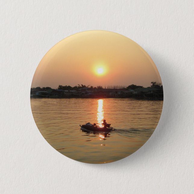 Badge Rond 5 Cm Chao Phraya River Sunset ... Ayutthaya, Thaïlande (Devant)