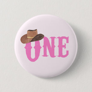 Badge Rond 5 Cm Chapeau de Cowgirl Rose Thème Anniversaire ONE 1 a
