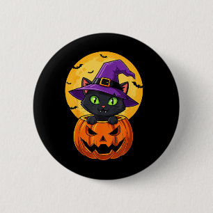 Badge Rond 5 Cm Chapeau de sorcière chat noir mignon dans citrouil