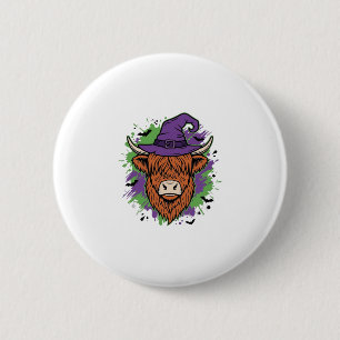 Badge Rond 5 Cm Chapeau de sorcière de vache des Highlands Hallowe