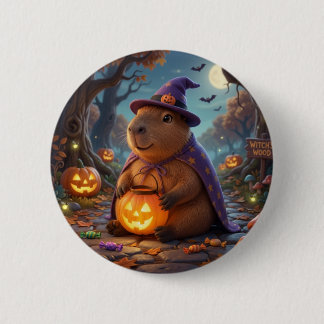 Badge Rond 5 Cm Chapeau de Sorcière Mignon Capybara Halloween Bois