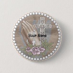 Badge Rond 5 Cm Chapelet à mains priantes