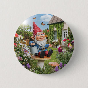 Badge Rond 5 Cm Charmante Gnome de jardin avec canne d'eau