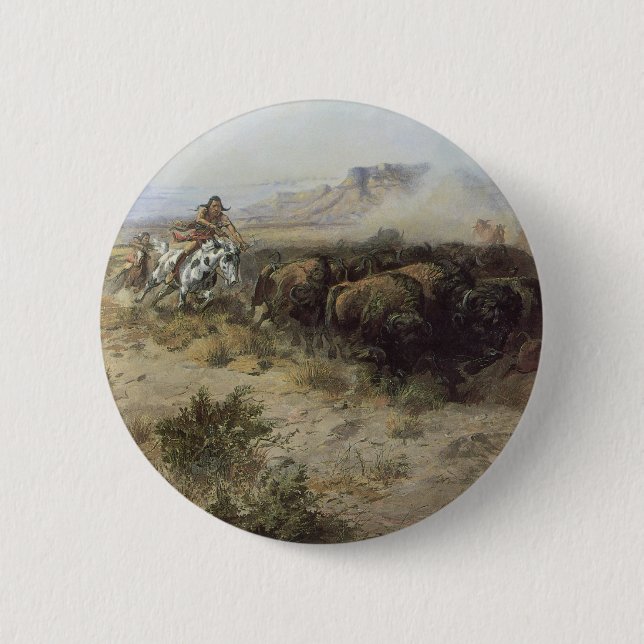 Badge Rond 5 Cm Chasse au bison no 26 par CM Russell, Indiens Vint (Devant)